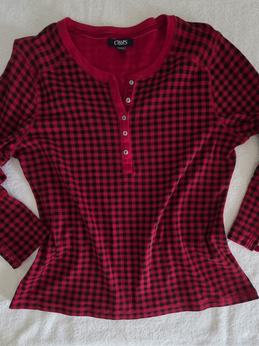 Chaps Red and Black Buffalo Plaid Henley Long Sleeve Top